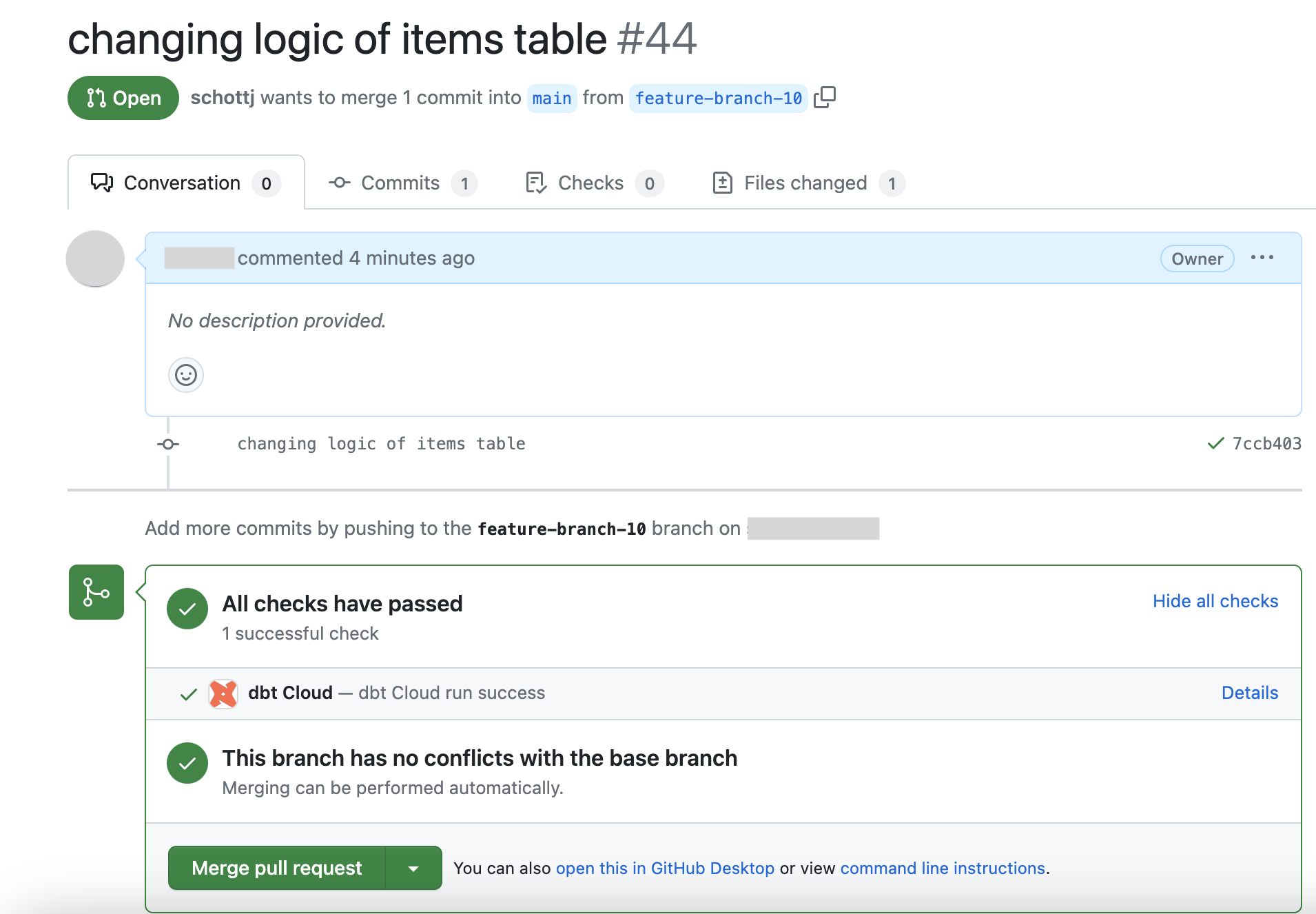 Example of CI check in GitHub pull request